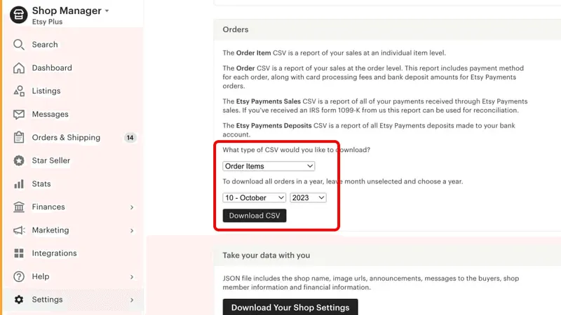 Pobieranie pliku CSV z zamówieniami z Etsy
